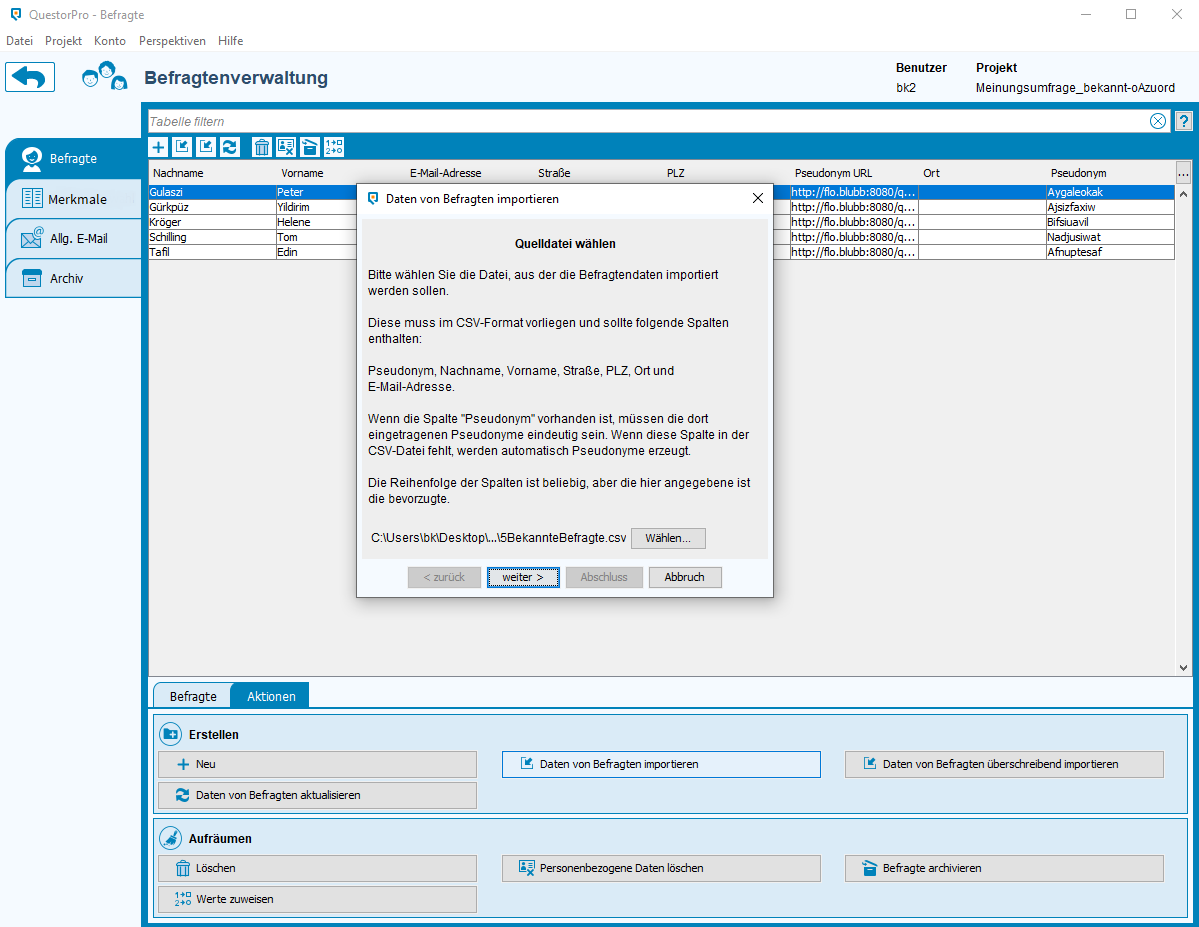Bildschirmfoto der Befragtenverwaltung zum Import der Befragtendaten aus einer CSV-Datei