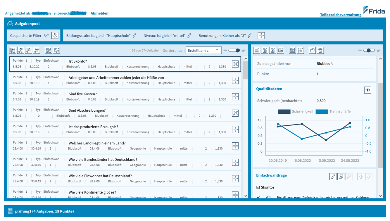 Der Aufgabenpool erleichtert die Verwaltung von unzähligen Prüfungsaufgaben Ein Bildschirmfoto von der Hauptsicht in Frida. Der Aufgabenpool.