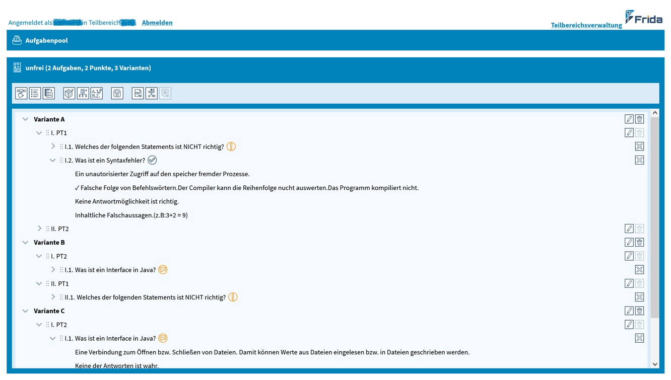 Alle Prüfungen einfach im Blick behalten Ein Bildschirmfoto von der Prüfungssicht in Frida